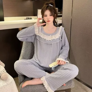 plus size Casual Women’s Long Sleeved Cotton Nightgown Spring Autumn Fashion Lace Trim Pajamas Comfortable Sleepwear Sets