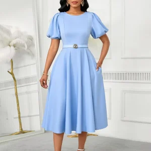 summer new fashion elegant temperament bubble sleeves high waist solid color round neck women’s dress