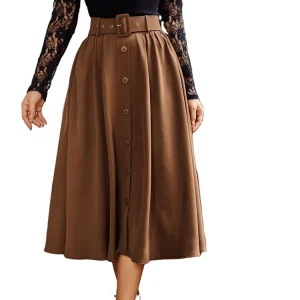 the Skirt for Ladies Customised Women Flare Button Front Belted Long Skirts
